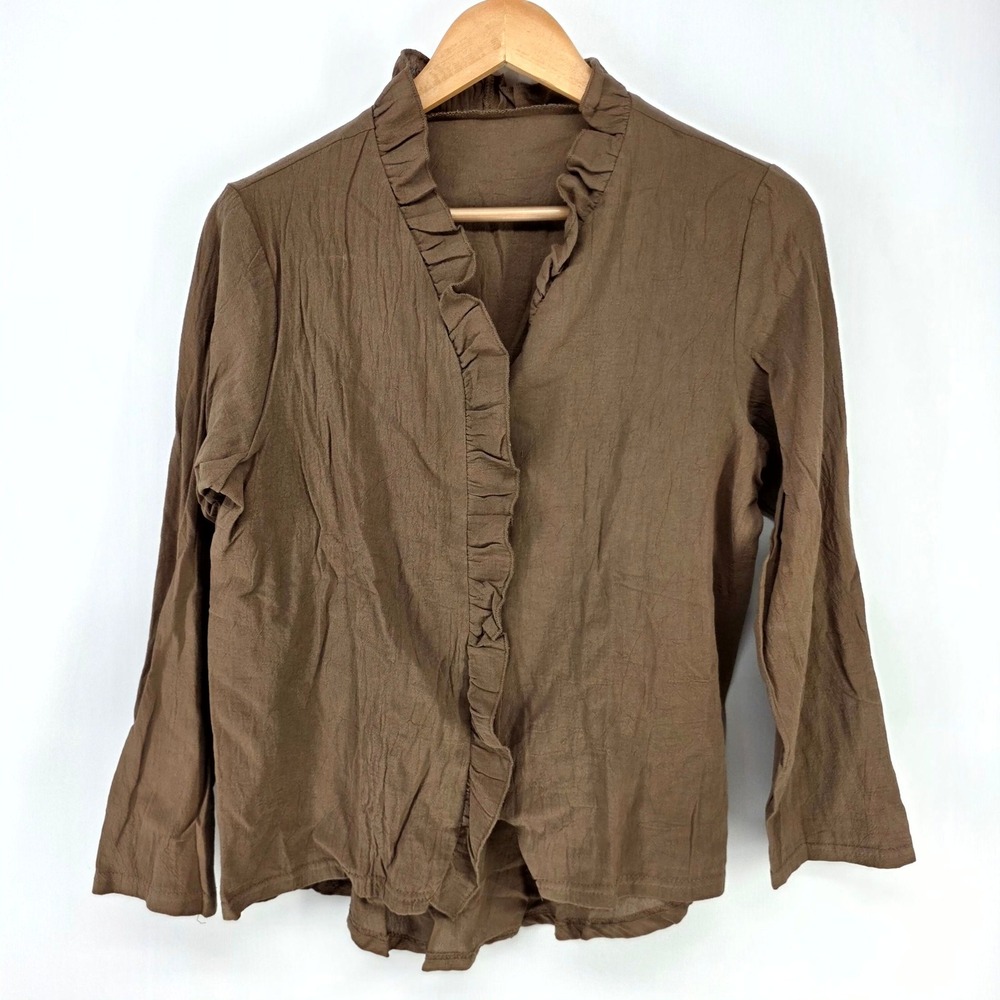 Ruffle Trim Blouse Women Medium Brown Long Sleeve Boho Textured Cottagecore Fall